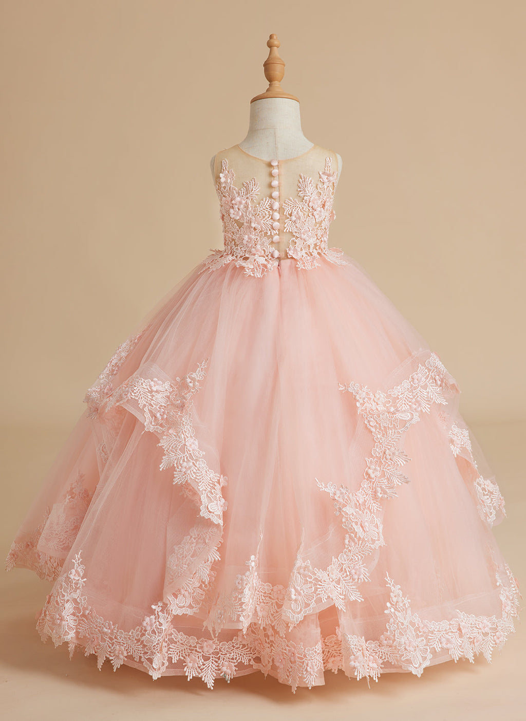 Princess Sleeveless Tulle Gown with Lace Appliques and Sweep Train for Girls