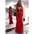 Deep V-Neck Sequins Lace-Up Sheath Long Prom Gown With Slit