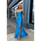 Sheath/column Off-shoulder Beaded Royal Blue Satin Long Prom Dress