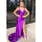 Purple V-neck Satin Long Prom Dress with Split Evening Gowns
