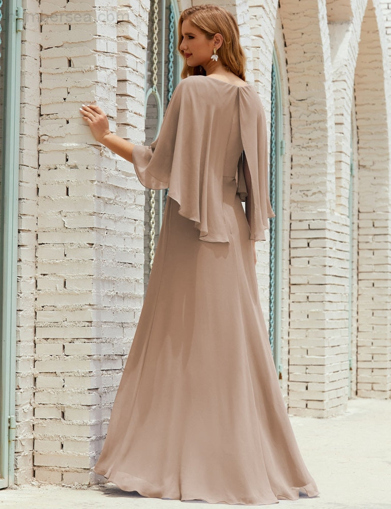 Sunnderly  Bridesmaid Dress Women Long Sleeve V-Neck Chiffon Formal Wedding Party Dress SY28018
