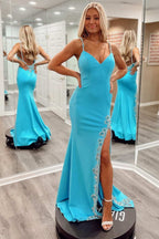 Beaded V-Neck Backless Mermaid Long Prom Dress with Slit