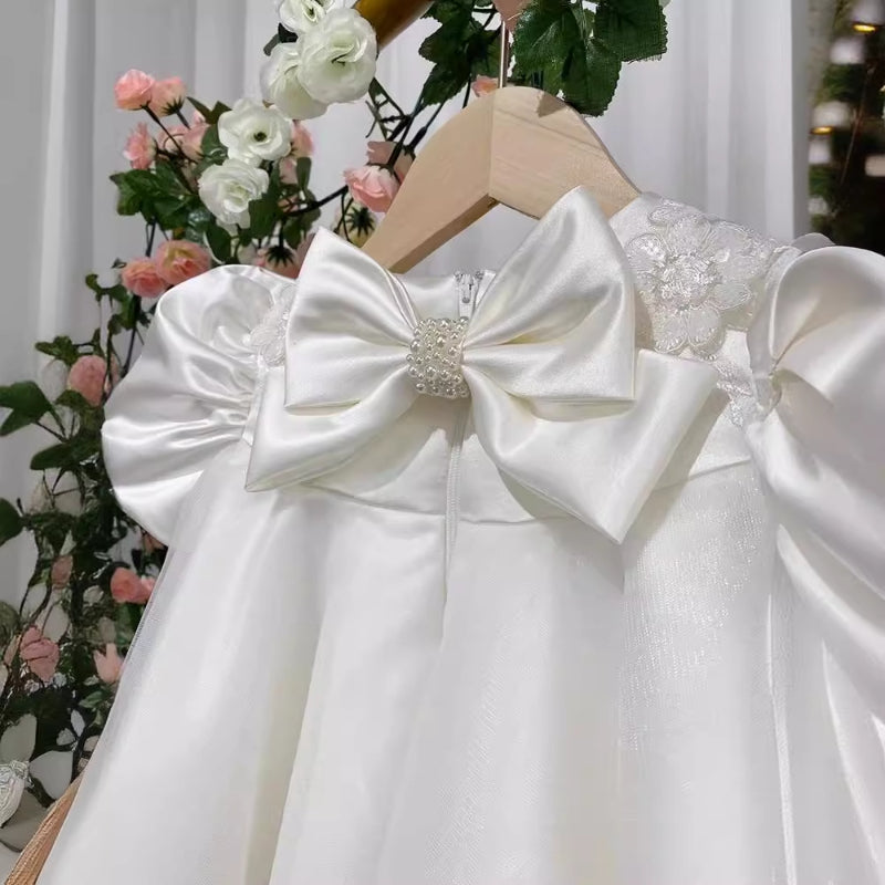 Baby Girl's White Bow One-year-old Birthday Princess Dress Toddler's  First Communion Dress