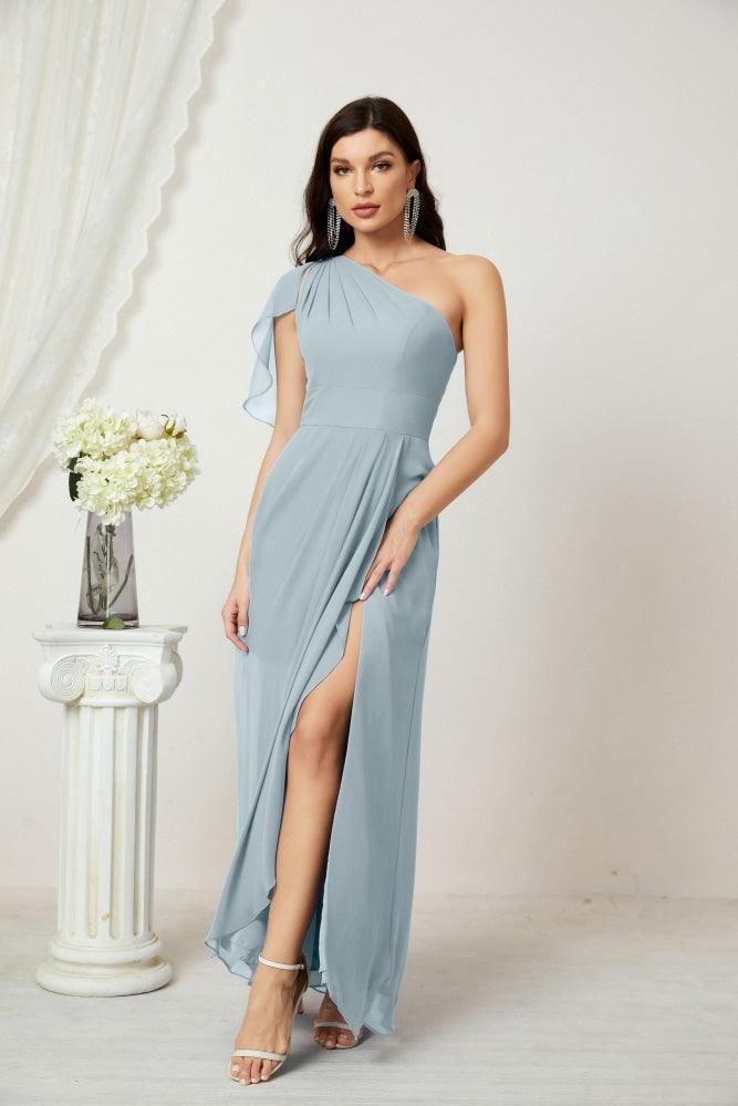 Numbersea  Chiffon Ruffled One Shoulder Long Bridesmaid Dresses A-line Formal Evening Gown Side Split 2809