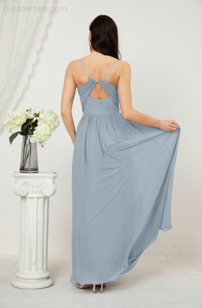 Baoleely  Neck Bridesmaid Dresses Chiffon Long Spaghetti A-line Formal Prom Gown for Wedding Party Evening 2801