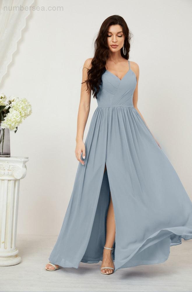 Baoleely  Neck Bridesmaid Dresses Chiffon Long Spaghetti A-line Formal Prom Gown for Wedding Party Evening 2801