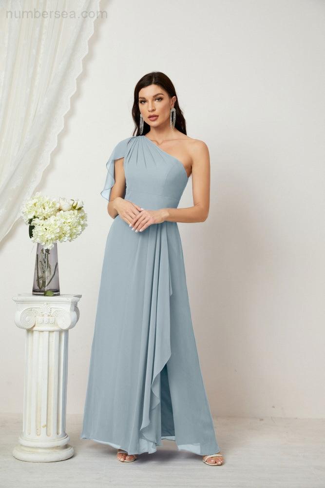 Numbersea  Chiffon Ruffled One Shoulder Long Bridesmaid Dresses A-line Formal Evening Gown Side Split 2809
