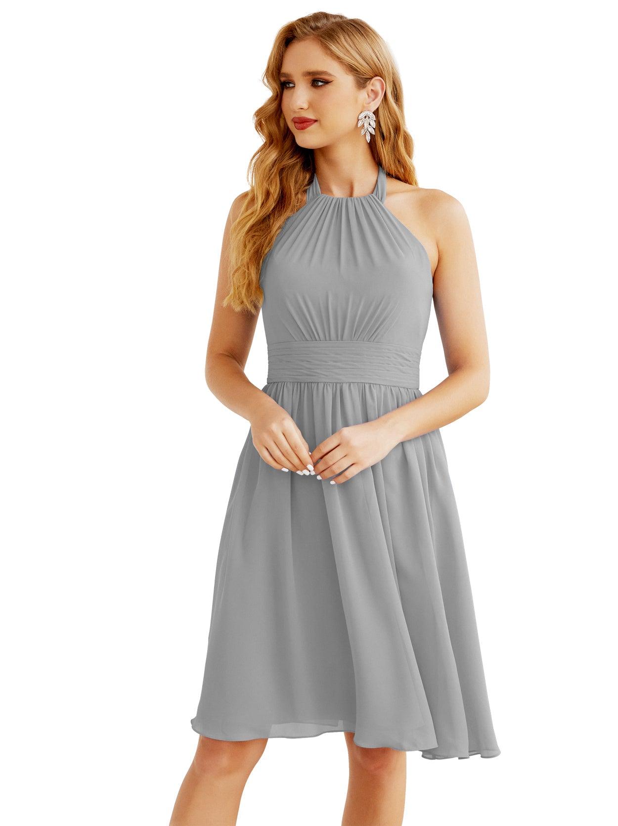 Baoleely Halter Chiffon Bridesmaid Dresses Short Sleeveless Formal Party Dress Open Back 28023