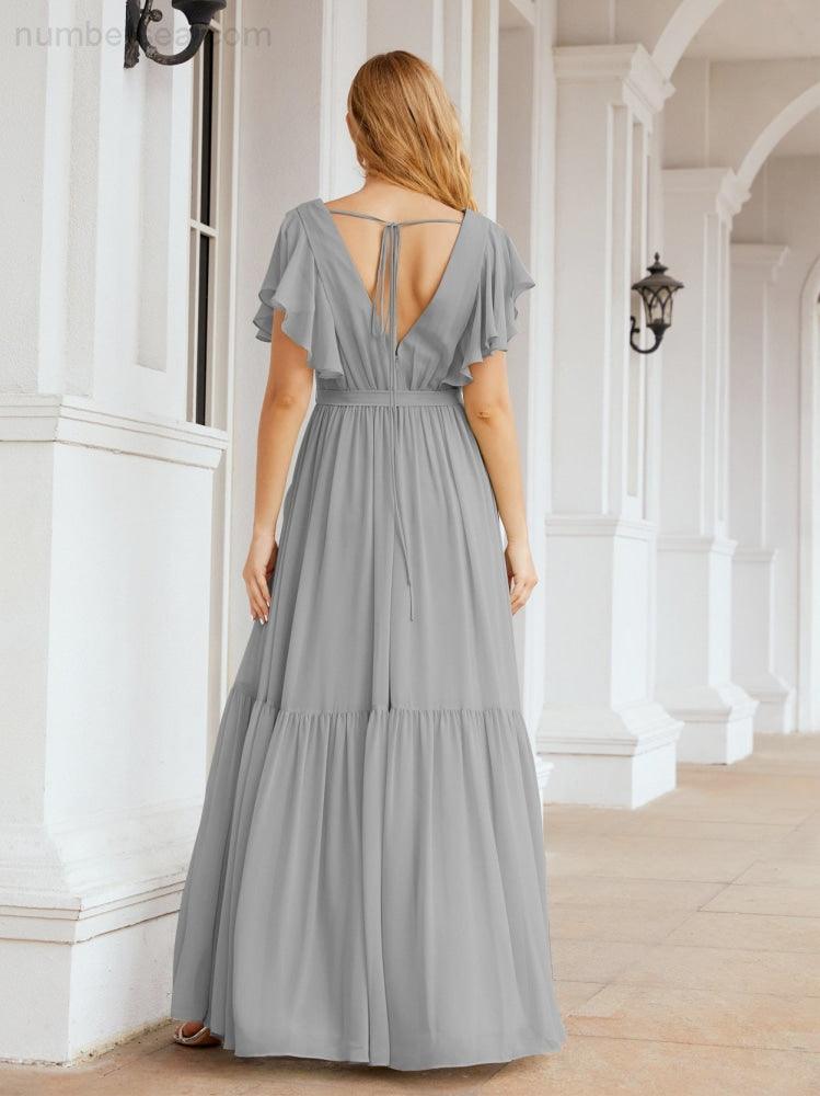 Numbersea Women's Open Back Formal Evening Party Prom Gowns V-Neck Long Chiffon Bridesmaid Dresses with Waist Belt 28038