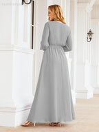 Numbersea Women's Chiffon Bridesmaid Dress A line Long Sleeves Formal Evening Prom Gown for Wedding Guest 28032