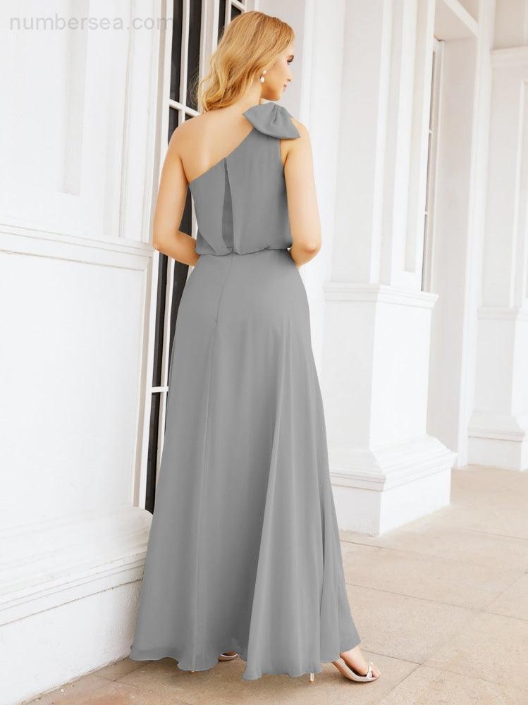 Numbersea Chiffon Ruffled One Shoulder Sleeveless Long Bride Dresses A-line Formal Evening Gown Side Split 28057