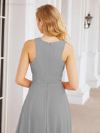 Numbersea Ladies Sleeveless Round Neck Chiffon Beaded and Floor Length Bridesmaid Dress Party Wedding Prom Evening Dress 28076