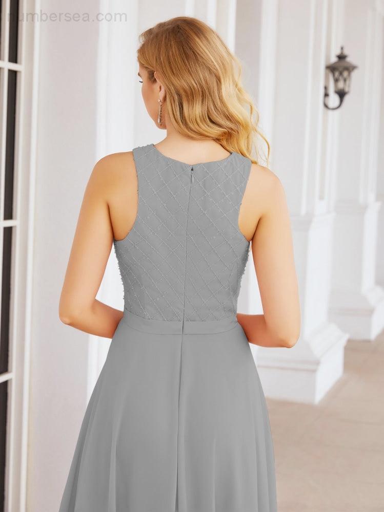Numbersea Ladies Sleeveless Round Neck Chiffon Beaded and Floor Length Bridesmaid Dress Party Wedding Prom Evening Dress 28076