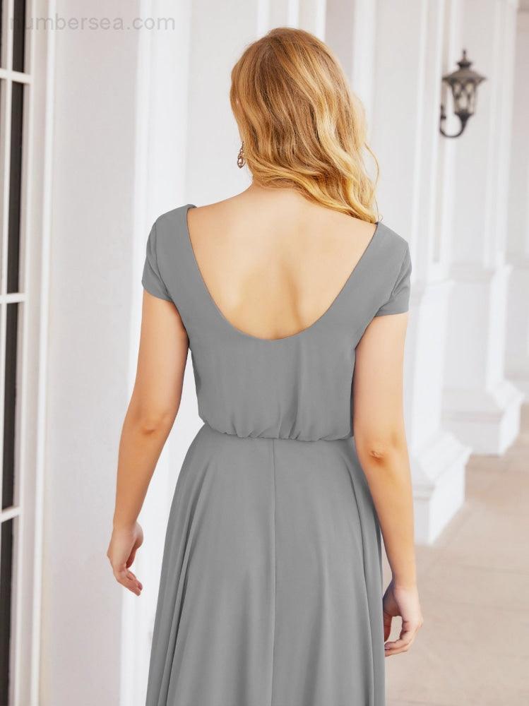 Numbersea V-Neck Bridesmaid Dresses Long Cap Sleeves Prom Evening Formal Gowns 28071