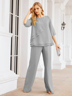 Sunnderly Elegant 2 Piece Mother of The Bride Dress Plus Size Pant Suits Ruffle Layers Sliver Housecoat SY28064