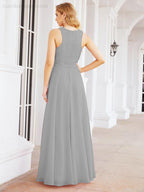 Numbersea Ladies Sleeveless Round Neck Chiffon Beaded and Floor Length Bridesmaid Dress Party Wedding Prom Evening Dress 28076