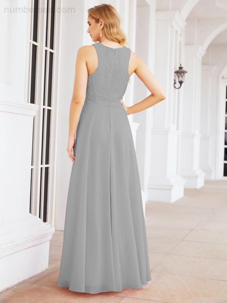 Numbersea Ladies Sleeveless Round Neck Chiffon Beaded and Floor Length Bridesmaid Dress Party Wedding Prom Evening Dress 28076