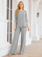 Sunnderly Elegant 2 Piece Mother of The Bride Dress Plus Size Pant Suits Ruffle Layers Sliver Housecoat SY28064