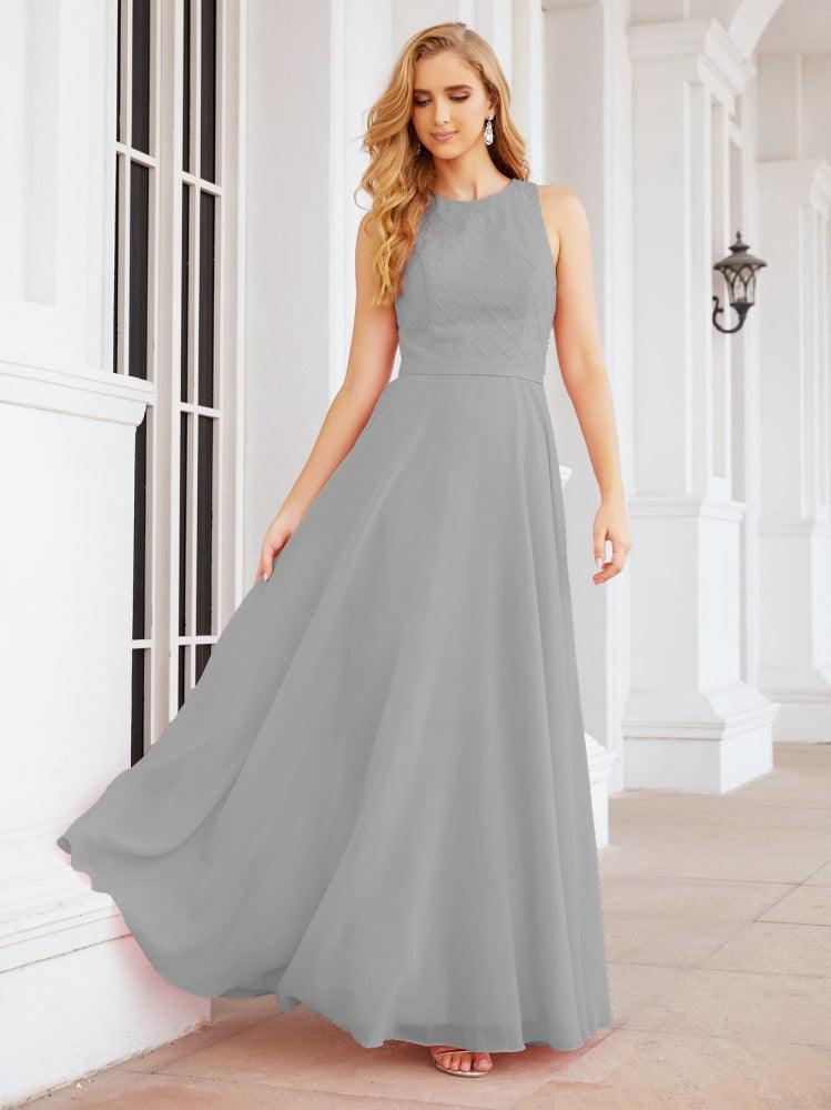 Numbersea Ladies Sleeveless Round Neck Chiffon Beaded and Floor Length Bridesmaid Dress Party Wedding Prom Evening Dress 28076