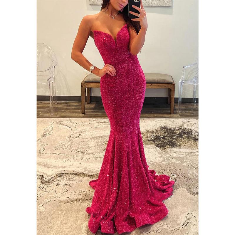 Sexy Fully Sequined V-neck Strapless Trumpet Party Prom Evening Dress
