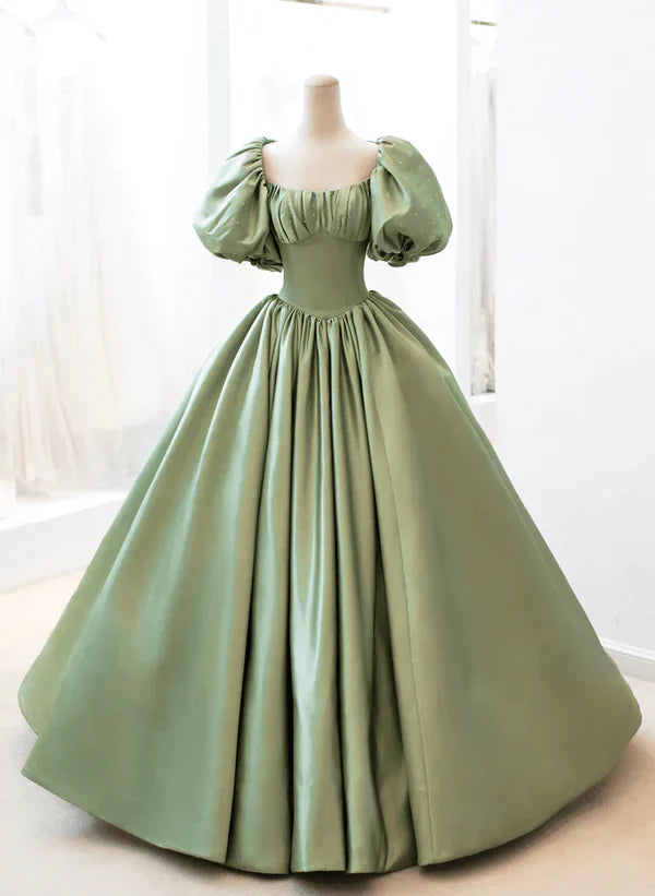 A-Line Princess Satin Puffy Sleeves Long Formal Dress Satin Prom Dress Party Dress