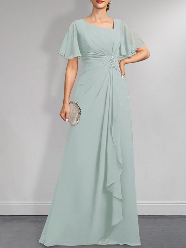 A-line Asymmetrical Floor-Length Chiffon Mother of the Bride Dress With Pleated Beading Sequins