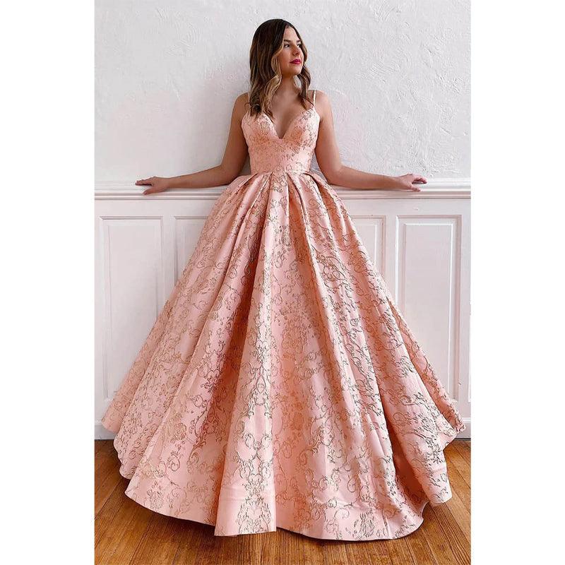 Exquisite Lace V-neck Spaghetti Straps A-line Long Prom Dress