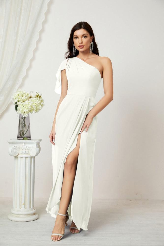 Numbersea  Chiffon Ruffled One Shoulder Long Bridesmaid Dresses A-line Formal Evening Gown Side Split 2809