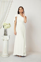 Numbersea  Chiffon Ruffled One Shoulder Long Bridesmaid Dresses A-line Formal Evening Gown Side Split 2809