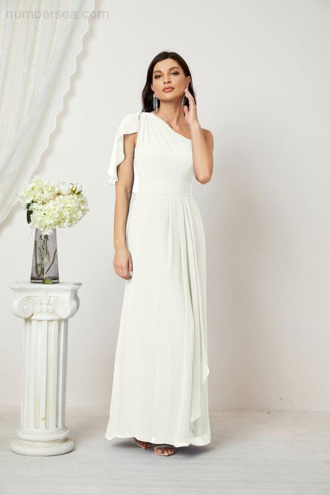 Numbersea  Chiffon Ruffled One Shoulder Long Bridesmaid Dresses A-line Formal Evening Gown Side Split 2809