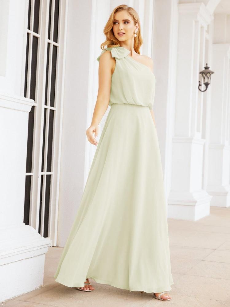 Numbersea Chiffon Ruffled One Shoulder Sleeveless Long Bride Dresses A-line Formal Evening Gown Side Split 28057