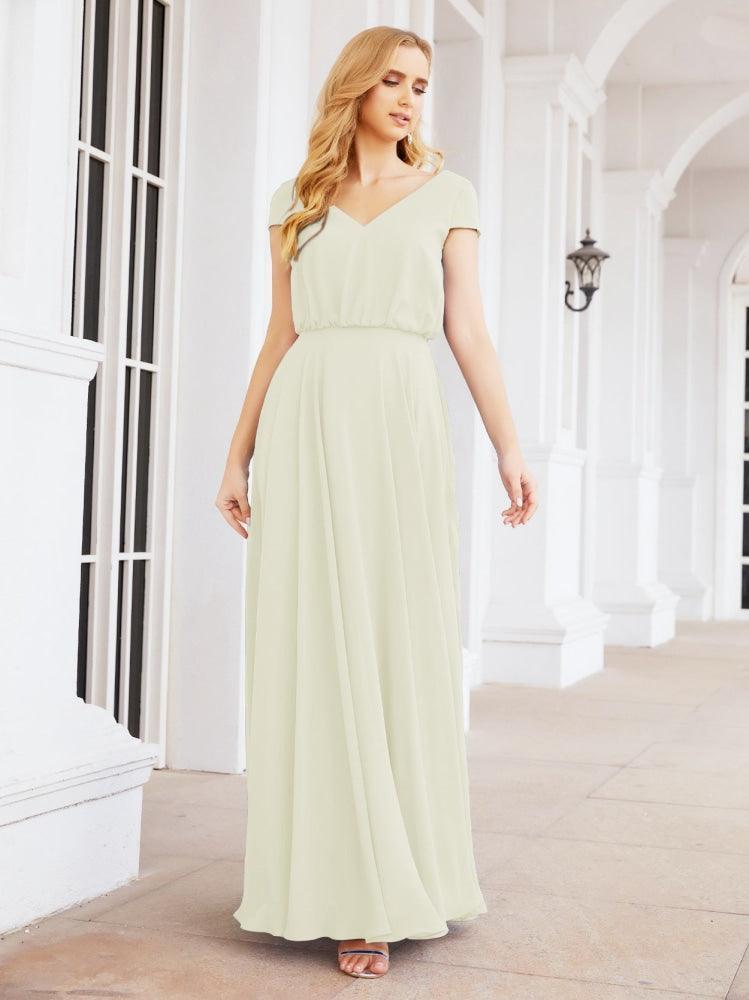 Numbersea V-Neck Bridesmaid Dresses Long Cap Sleeves Prom Evening Formal Gowns 28071