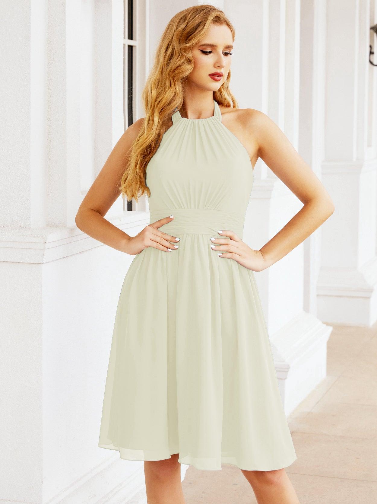 Baoleely Halter Chiffon Bridesmaid Dresses Short Sleeveless Formal Party Dress Open Back 28023