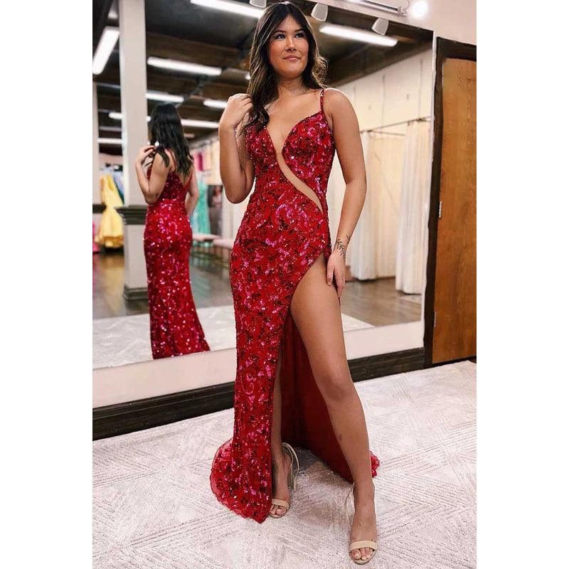 V-Neck Cut Outs Sequins Appliqued Sheath Long Prom Gown With Slit