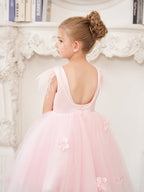 Princess Sleeveless Tulle Flower Girl Dress with Beading and Feather Bow (010224704)
