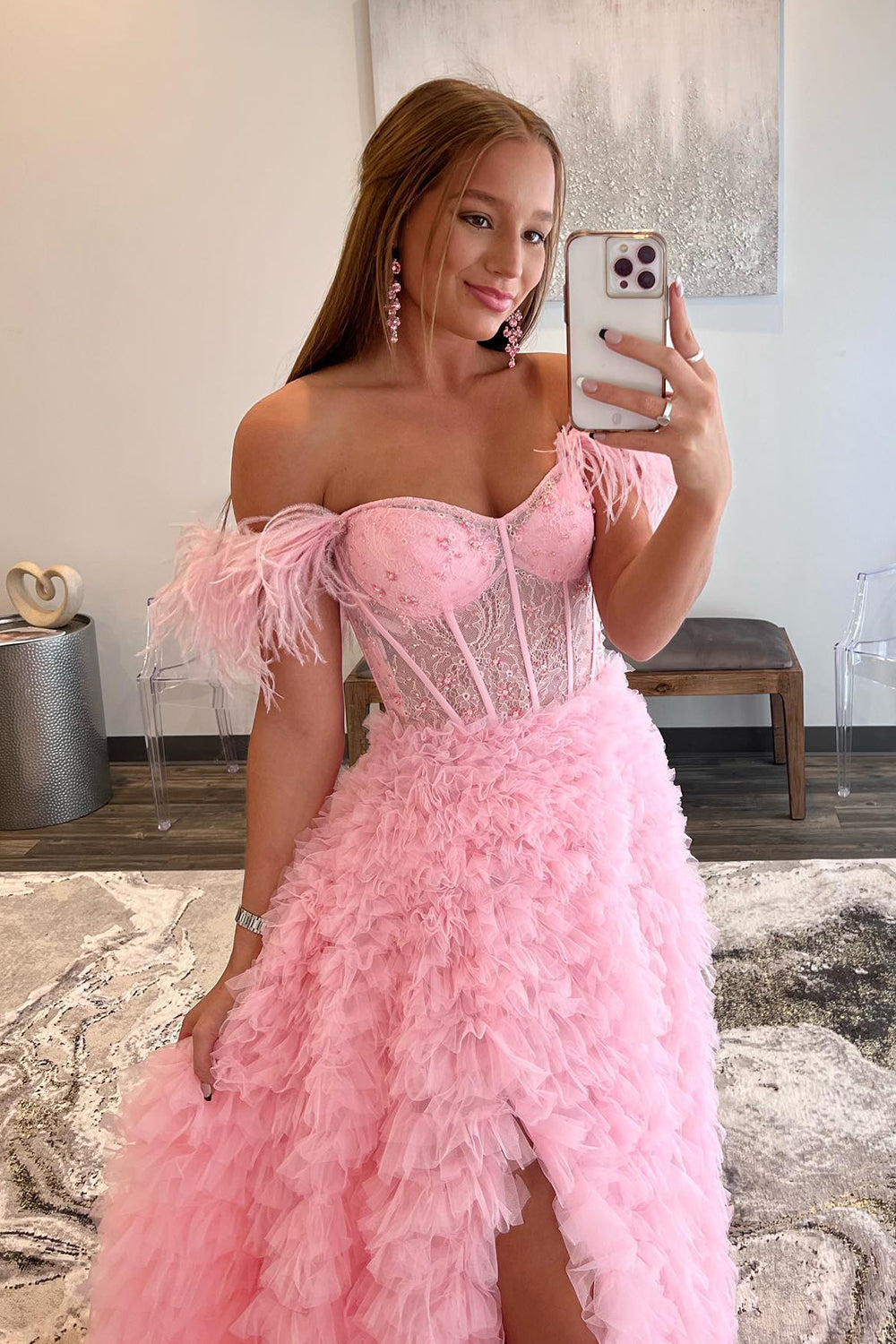 Princess A Line Off the Shoulder Purple Long Prom Dress with Feather