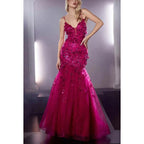 V-Neck Spaghetti Straps Appliqued Tulle Mermaid Long Prom Evening Dress