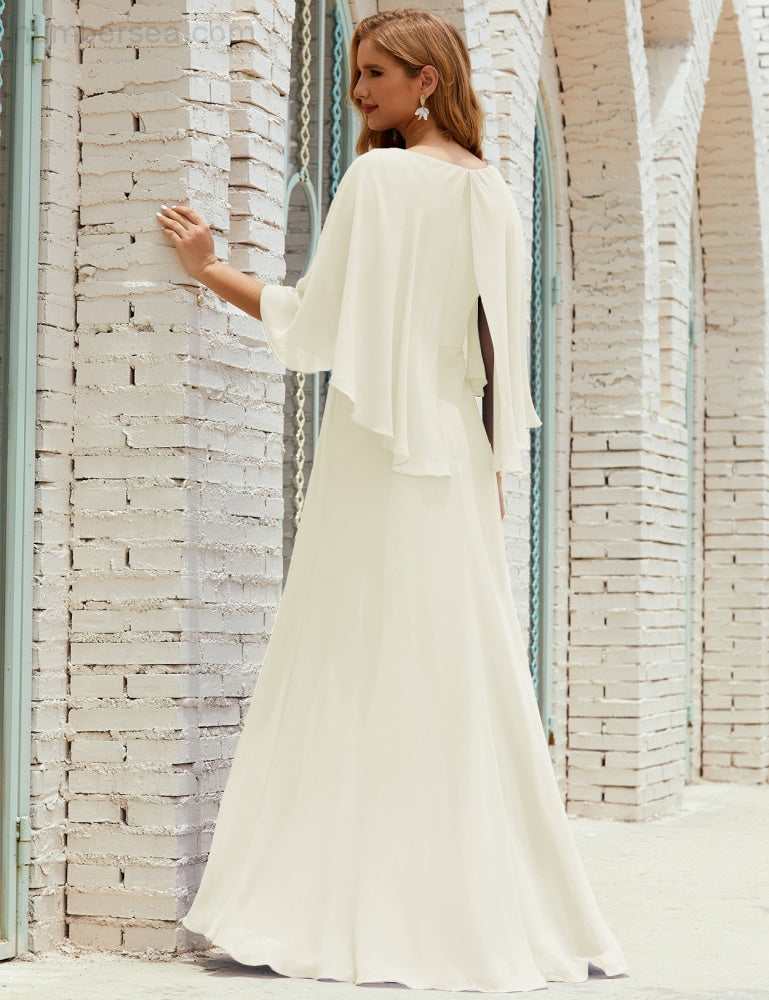Sunnderly  Bridesmaid Dress Women Long Sleeve V-Neck Chiffon Formal Wedding Party Dress SY28018