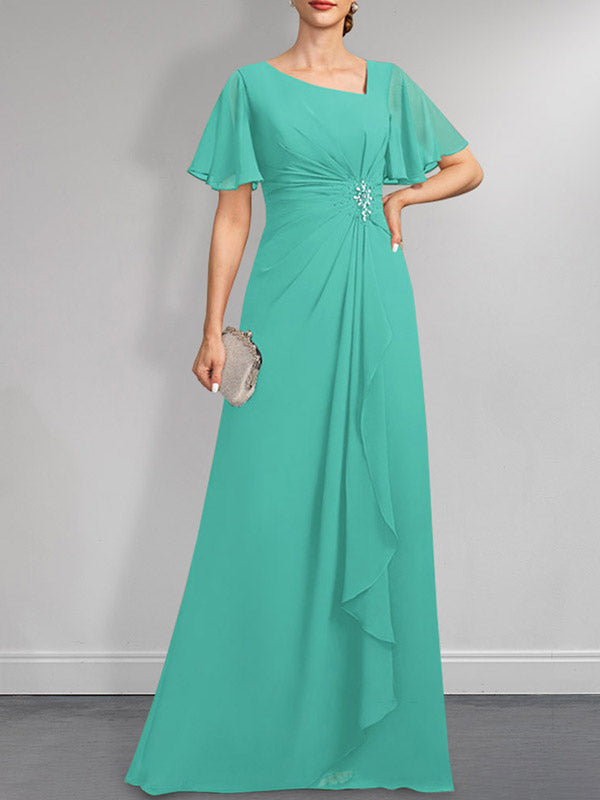 A-line Asymmetrical Floor-Length Chiffon Mother of the Bride Dress With Pleated Beading Sequins