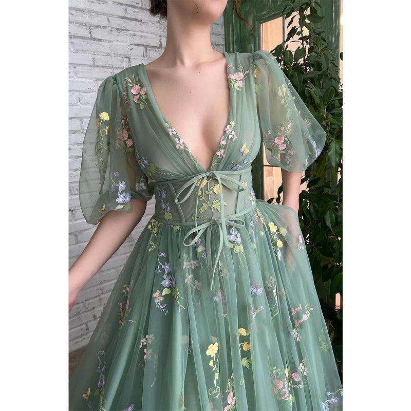 Sexy V-neck Half Sleeves Embroidery Lace Prom Dress with Pockets