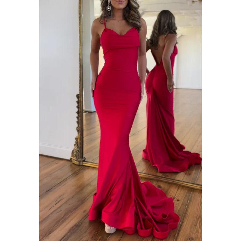 Red Backless V-Neck Spaghetti Straps Mermaid Party Prom Dress