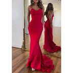 Red Backless V-Neck Spaghetti Straps Mermaid Party Prom Dress