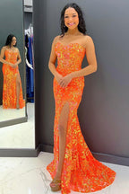 Mermaid Sweetheart Orange Sequins Long Prom Dress with Split Front
