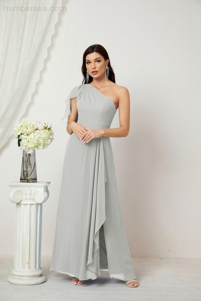 Numbersea  Chiffon Ruffled One Shoulder Long Bridesmaid Dresses A-line Formal Evening Gown Side Split 2809