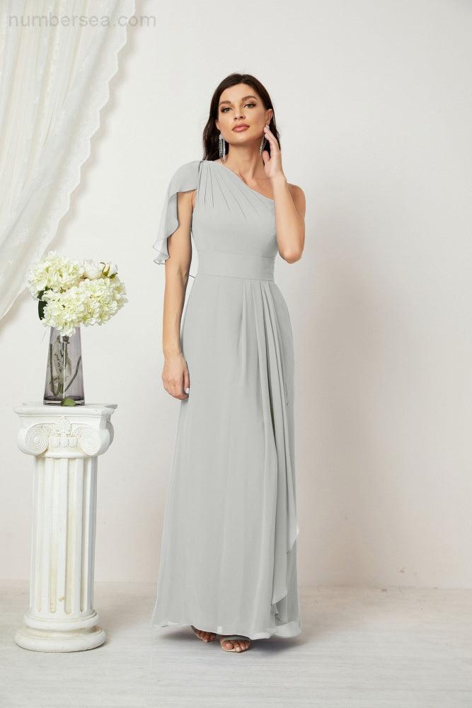 Numbersea  Chiffon Ruffled One Shoulder Long Bridesmaid Dresses A-line Formal Evening Gown Side Split 2809