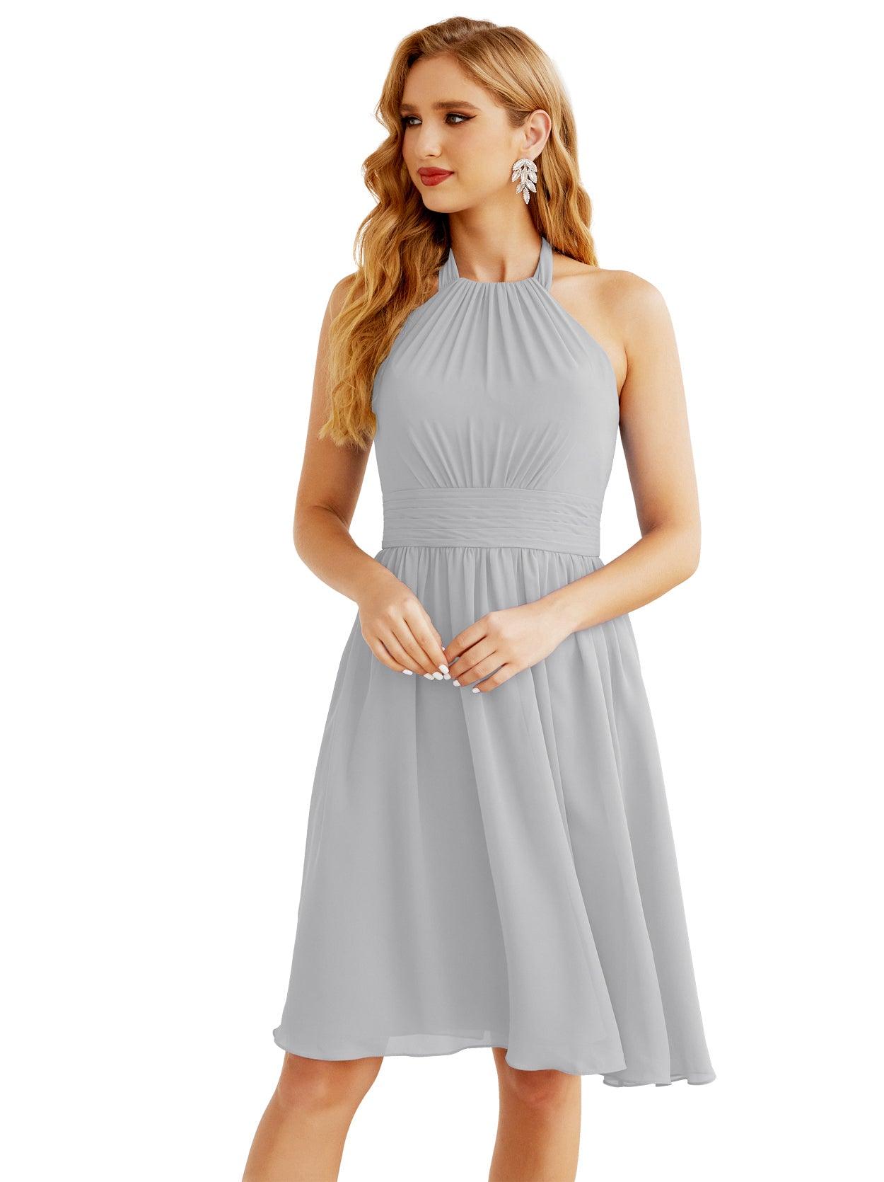 Baoleely Halter Chiffon Bridesmaid Dresses Short Sleeveless Formal Party Dress Open Back 28023