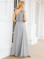 Numbersea Chiffon Ruffled One Shoulder Sleeveless Long Bride Dresses A-line Formal Evening Gown Side Split 28057