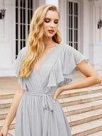 Numbersea Women's Open Back Formal Evening Party Prom Gowns V-Neck Long Chiffon Bridesmaid Dresses with Waist Belt 28038
