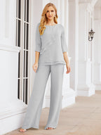 Sunnderly Elegant 2 Piece Mother of The Bride Dress Plus Size Pant Suits Ruffle Layers Sliver Housecoat SY28064