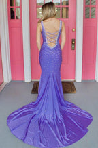 Elle |Mermaid V-Neck Beaded Satin Prom Dress with Cross Back